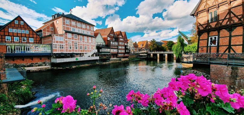 Lüneburg Farbefulle Blüten im Vordergrund vor einer malerischen Stadt am Wasser.